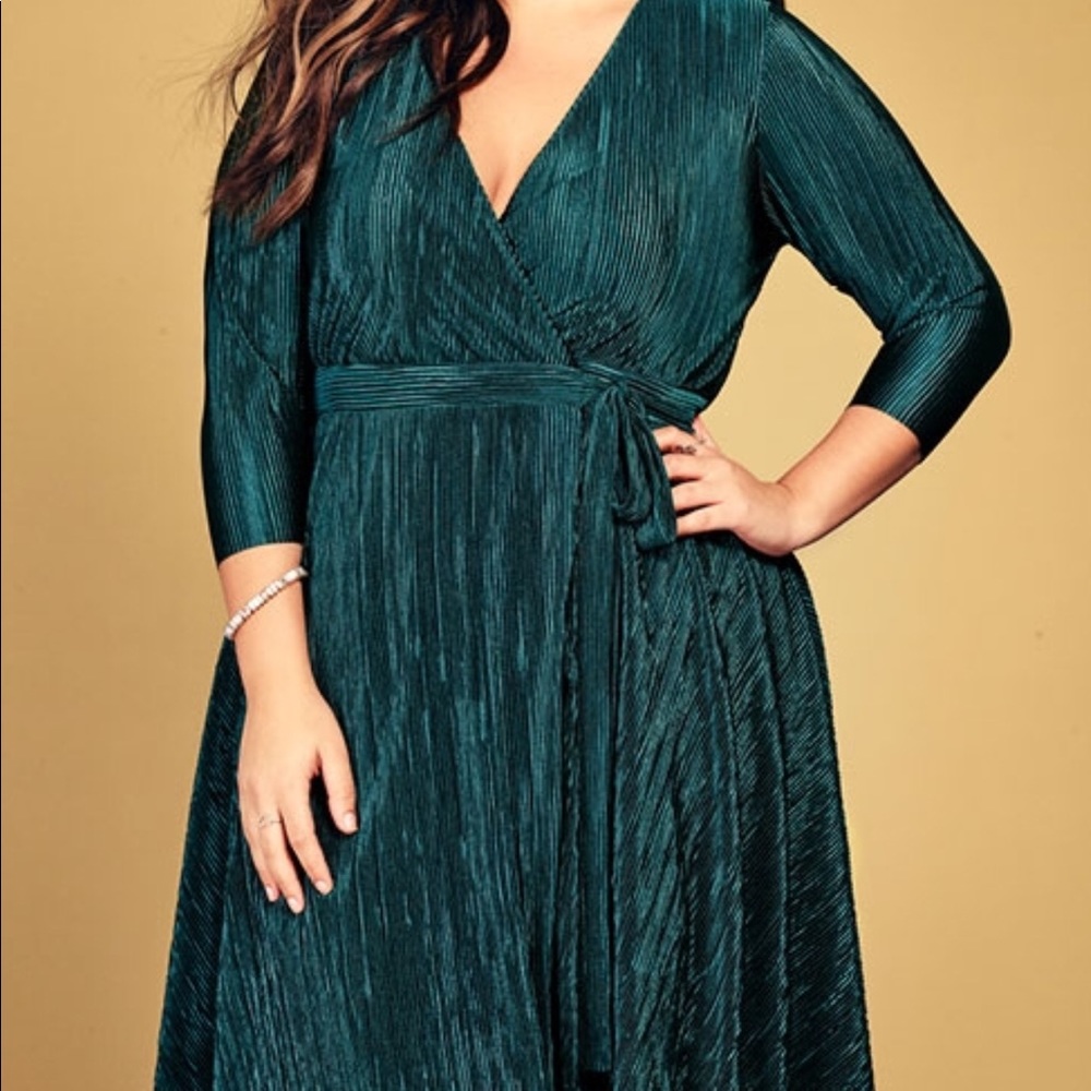 Emerald green pleated wrap dress